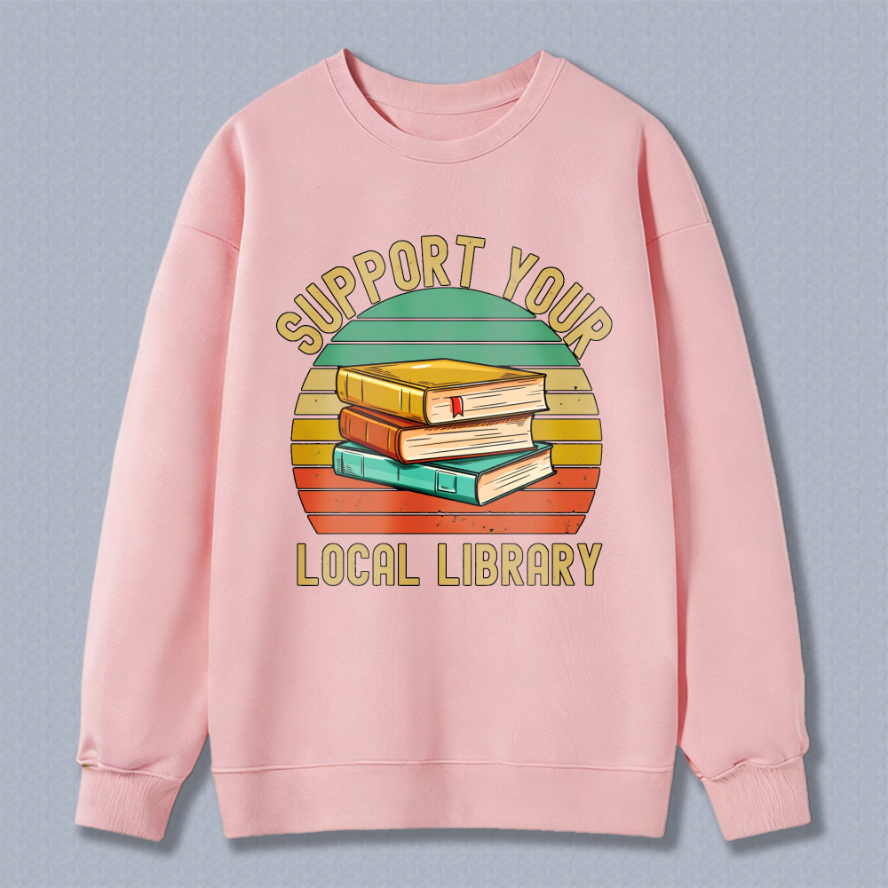 Wardrobecart Support Your Local Library Books Stack Vintage Sunburst Design Unisex Classic Sweatshirt