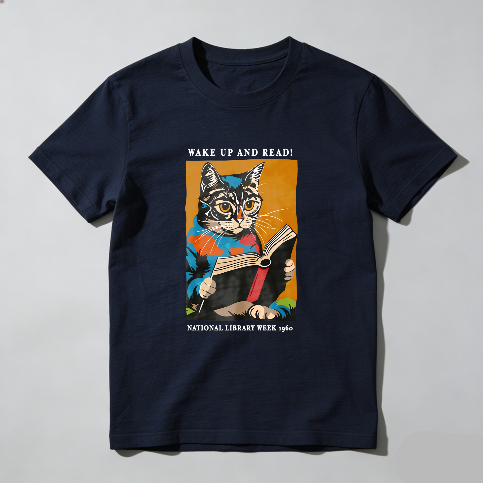 Wardrobecart Wake Up And Read Cat Reading Book Tshirt