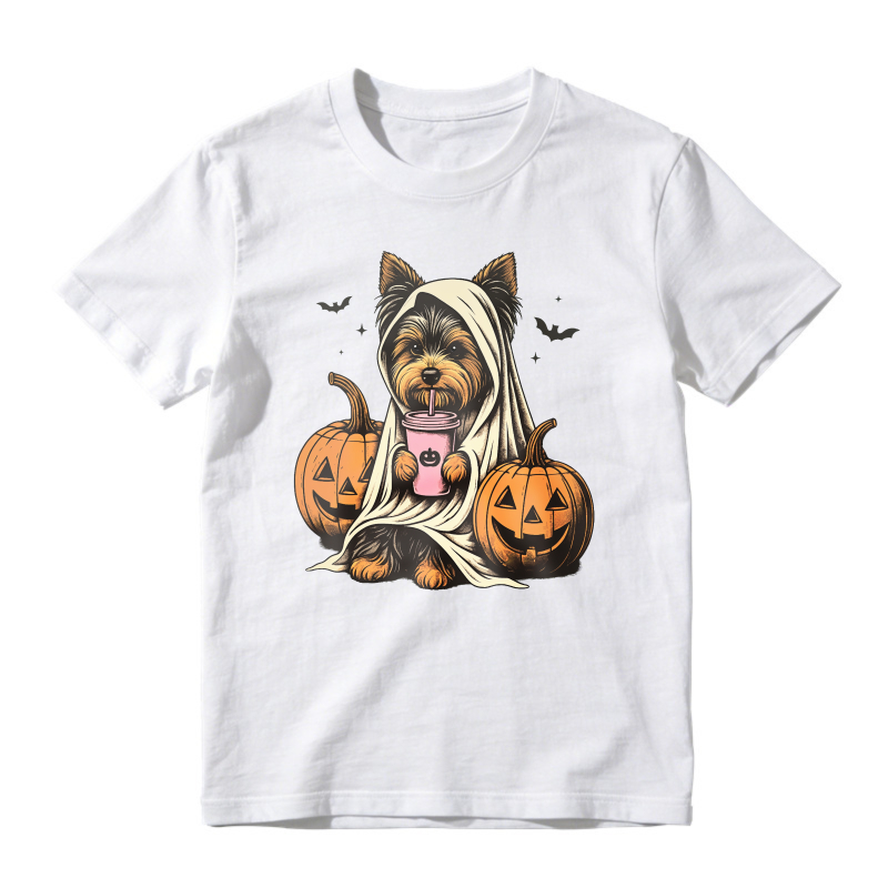 Cute Yorkshire Terrier Dog In Ghost Costume With Pumpkins And Coffee Cup Halloween Design, Unisex Classic T-shirt