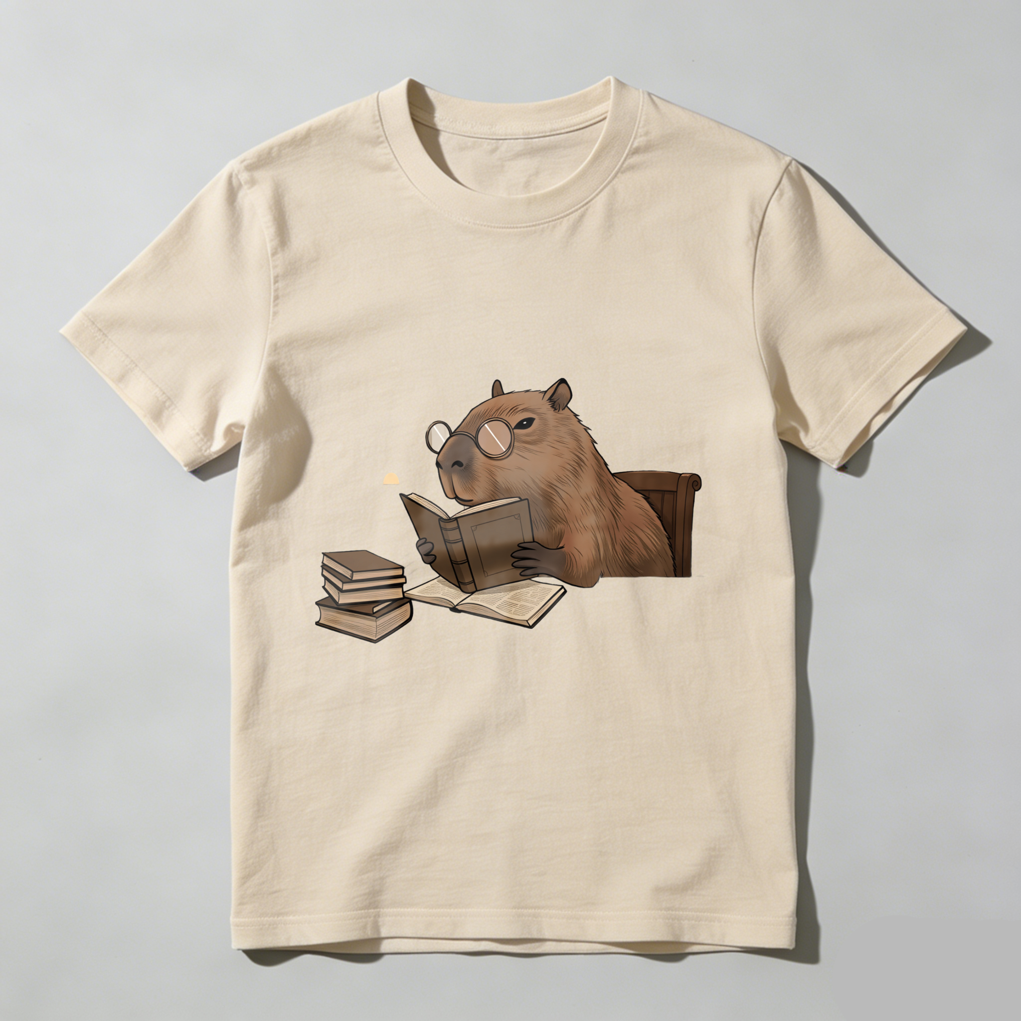 Wardrobecart Capybara Reading Book With Glasses And Stack Of Books Tshirt