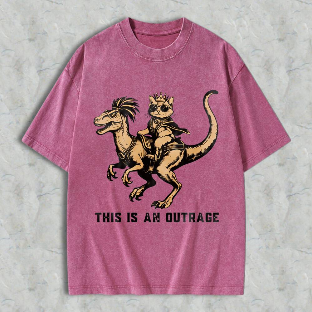 Wardrobecart Cat Riding Dinosaur With Crown And Sunglasses Unisex Washed T-shirt