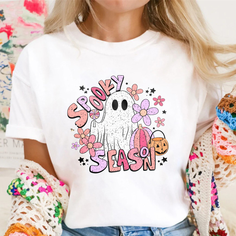 Spooky Season Ghost With Flowers And Pumpkin Bucket, Unisex Classic T-shirt