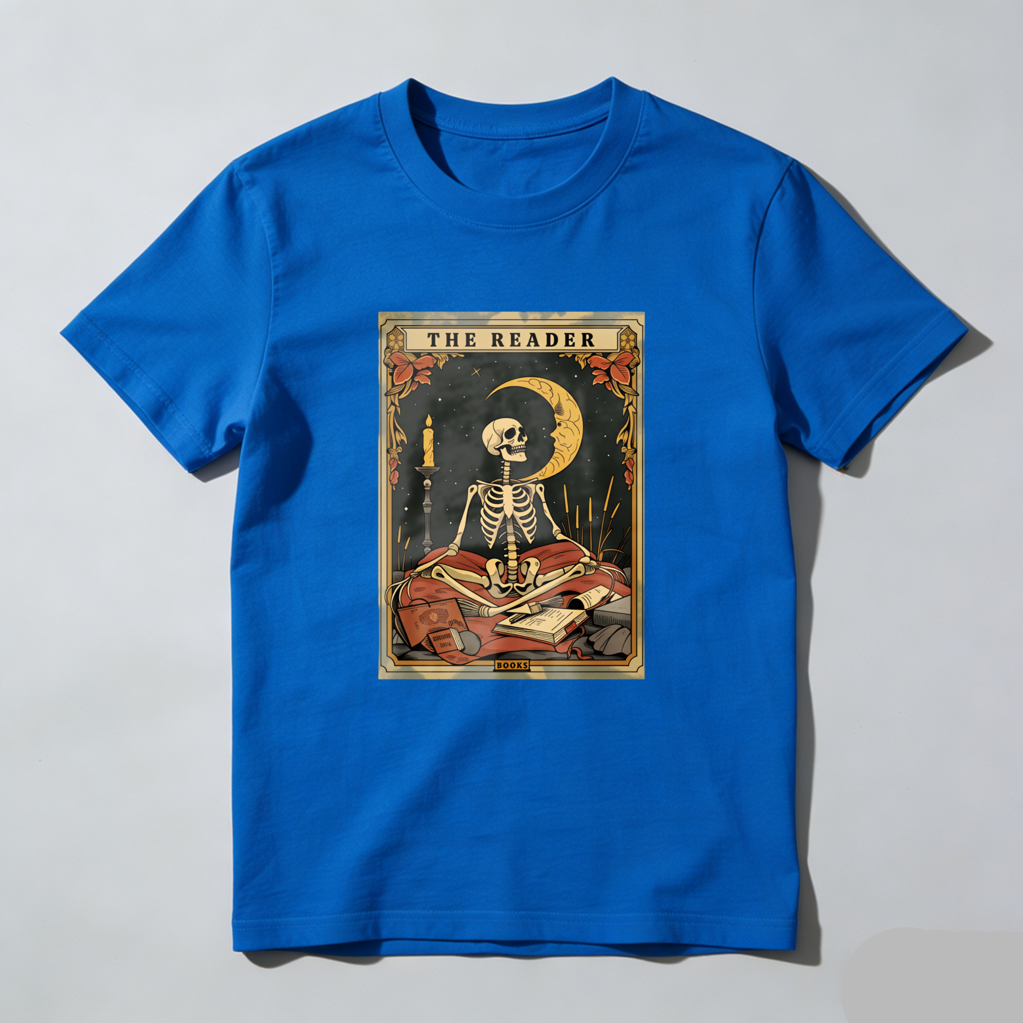 Wardrobecart The Reader Skeleton Tarot Card Design tshirt