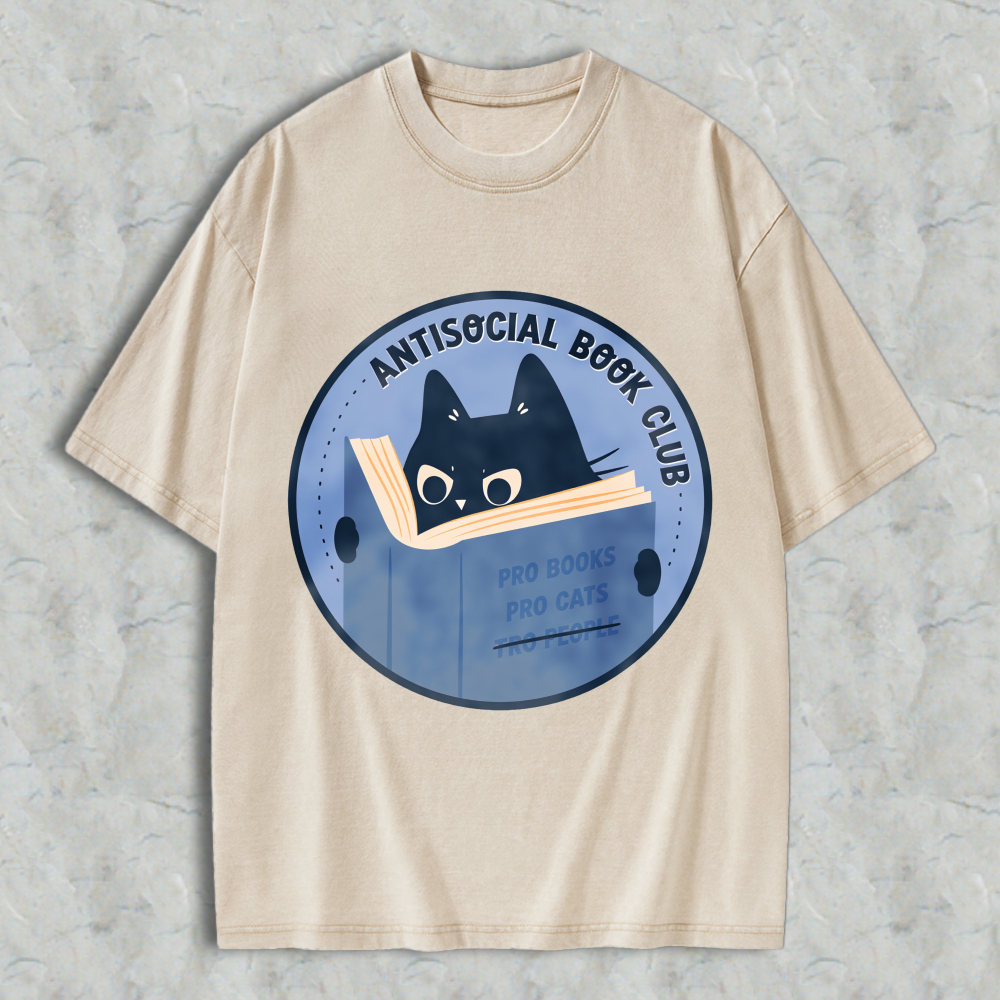 Wardrobecart Antisocial Book Club Cat Reading Book Design Unisex Washed T-shirt