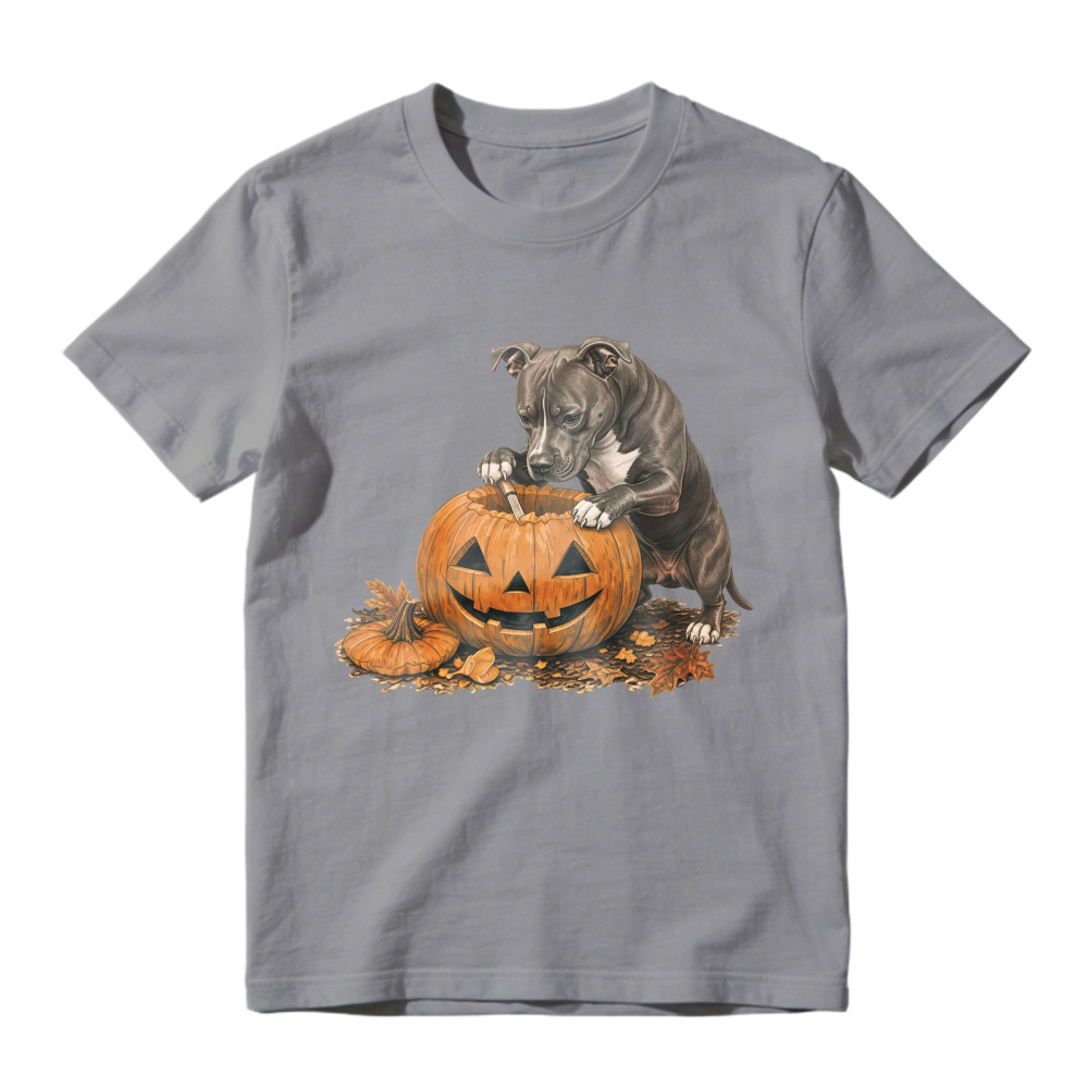 Pitbull Puppy With Jack O Lantern Pumpkin Halloween Autumn Leaves, Unisex Classic T-shirt