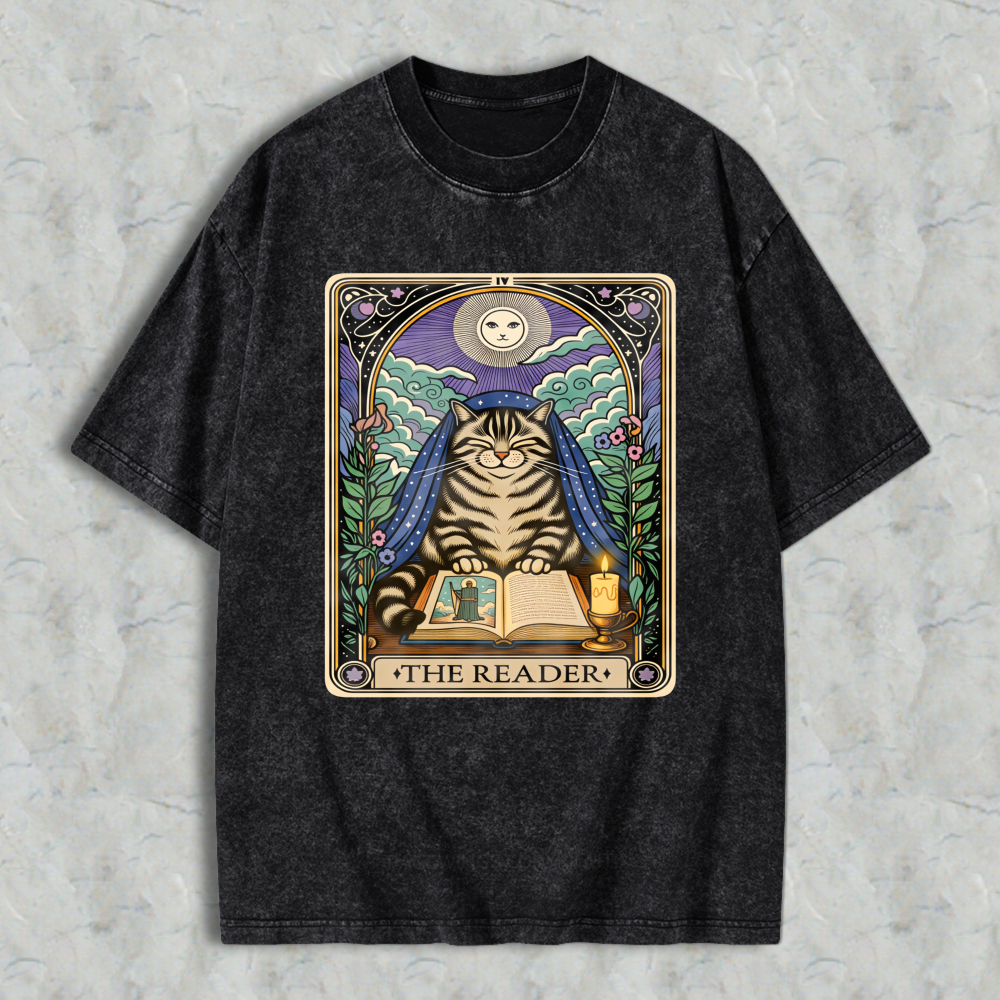 Wardrobecart Cat Reading Book Tarot Card The Reader Unisex Washed T-shirt