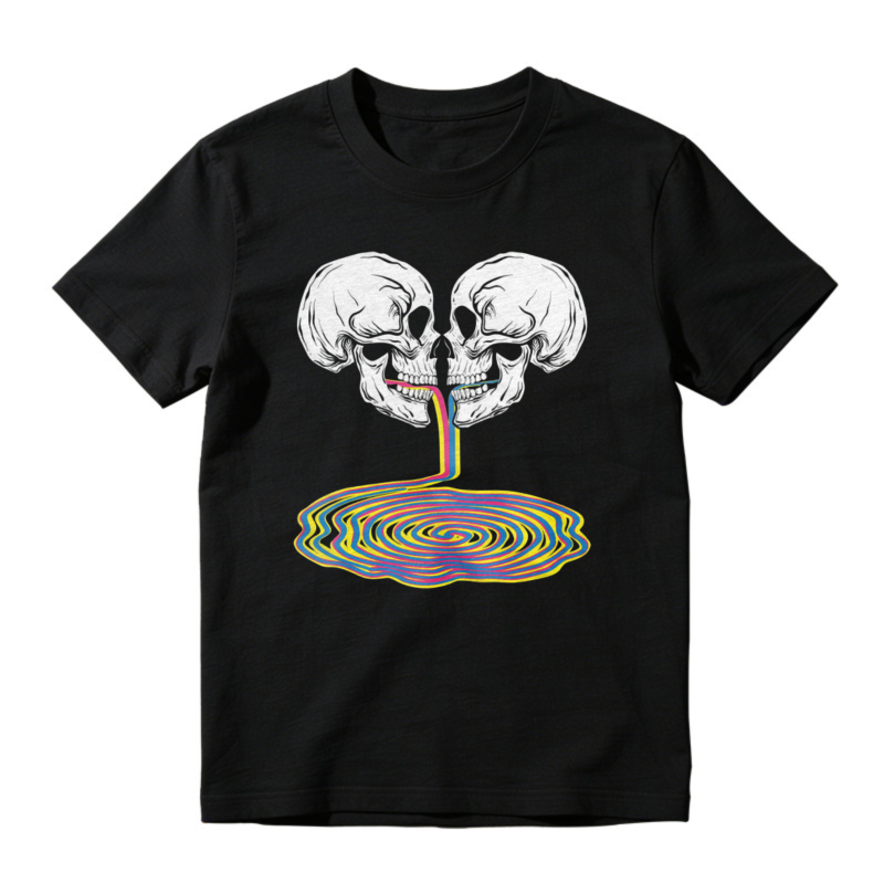 Two Skulls Kissing With Rainbow Vomit Psychedelic Spiral Graphic T-shirt
