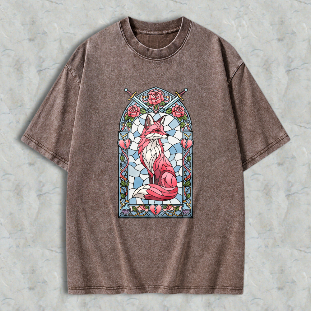 Wardrobecart Stained Glass Fox With Roses And Swords Unisex Washed T-shirt