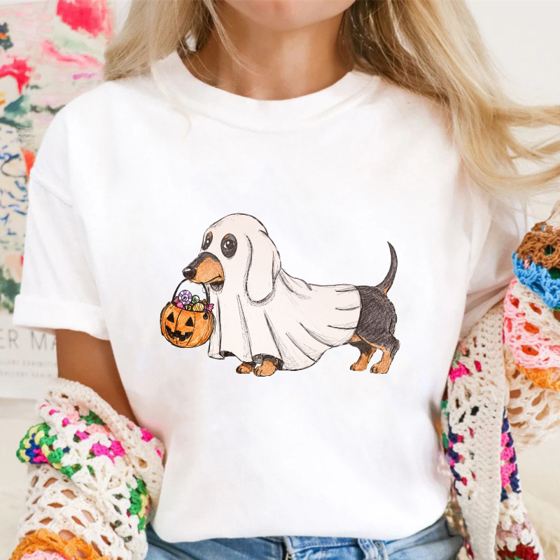 Cute Dachshund In Ghost Costume Holding Pumpkin Basket, Unisex Classic T-shirt