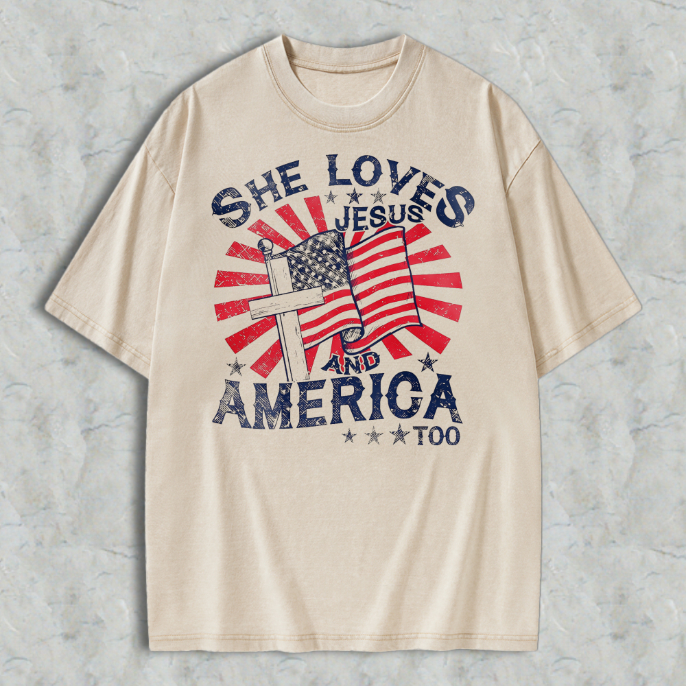 She Loves Jesus And America Too Flag Cross Design Washed T-shirt