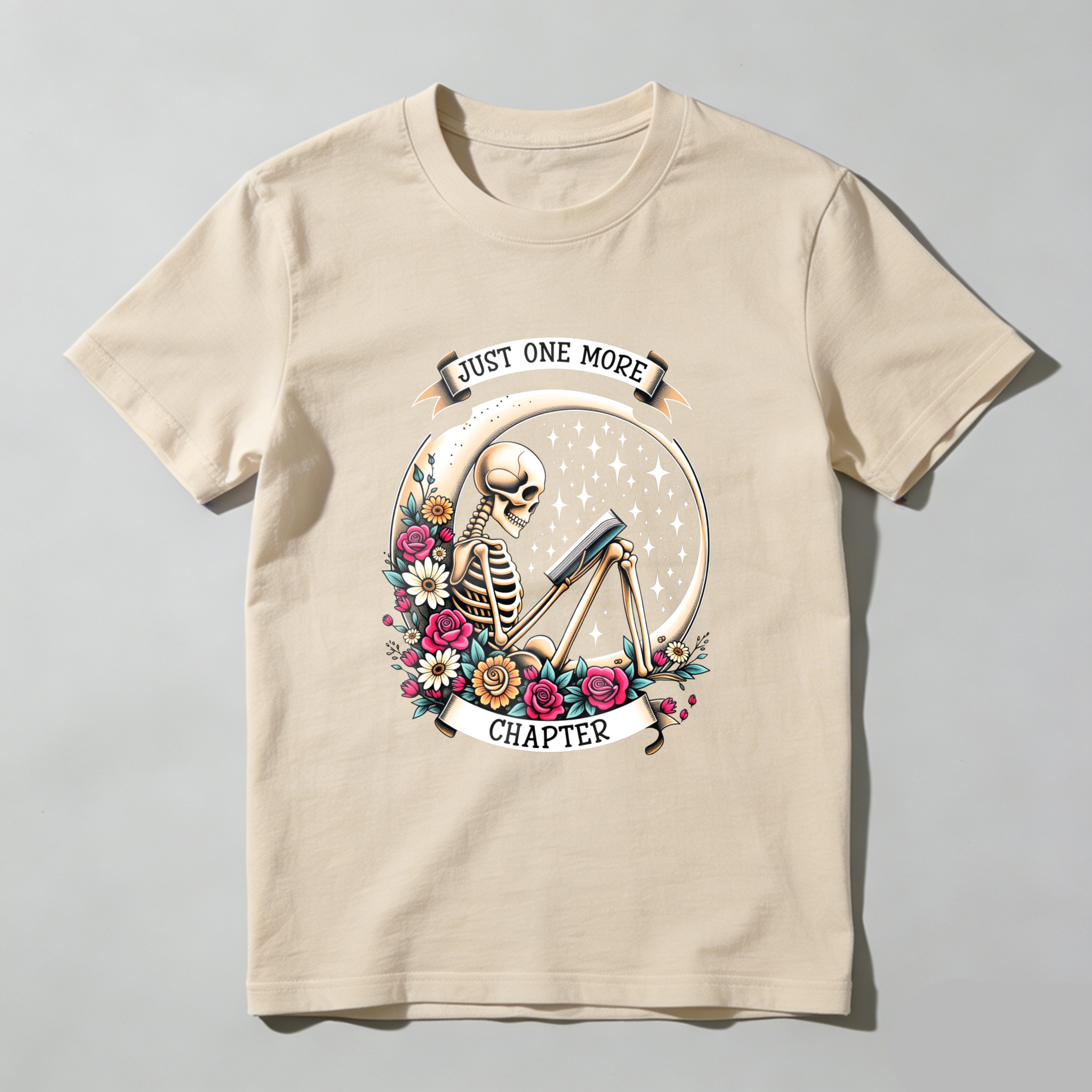 Wardrobecart Skeleton Reading Book With Flowers And Stars Tshirt
