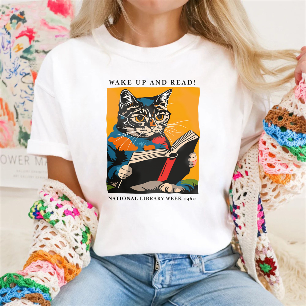 Wardrobecart Cat Reading Book With Text Wake Up And Read National Library Week 1960 Tshirt 100% cotton