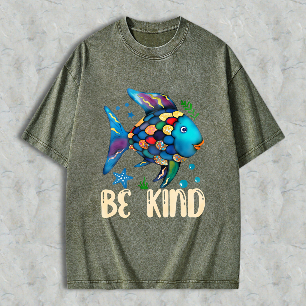 Wardrobecart Colorful Fish With Be Kind Text Unisex Washed T-shirt