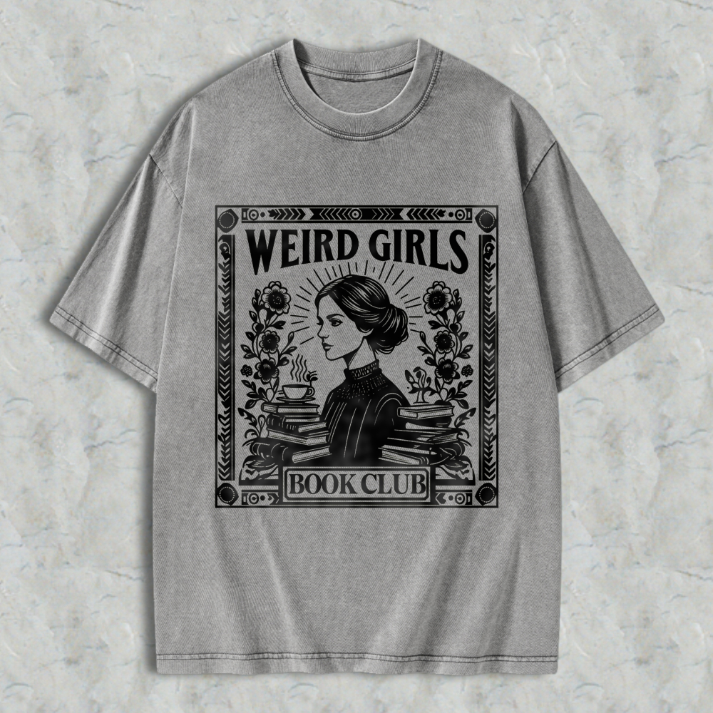 Wardrobecart Weird Girls Book Club Vintage Style Woman Reading With Books And Coffee Unisex Washed T-shirt