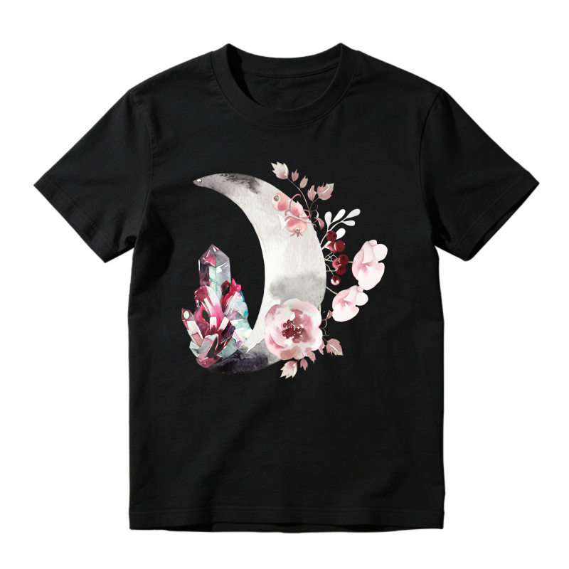 Crescent Moon With Pink Flowers And Crystals Graphic, Unisex Classic T-shirt