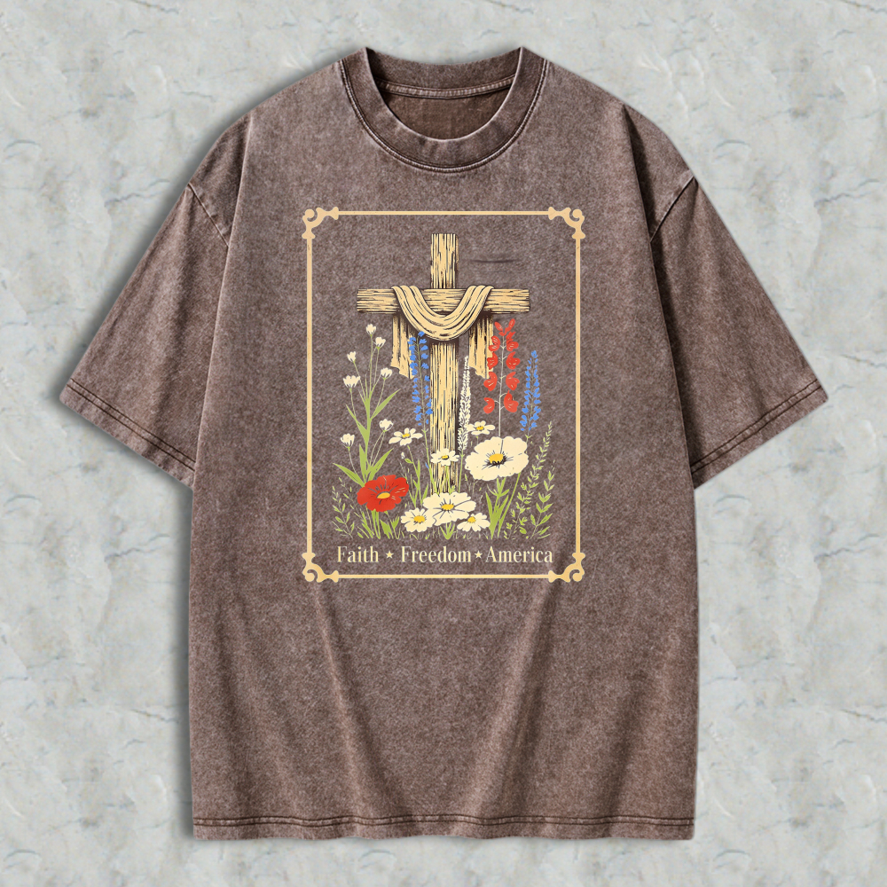 Cross With Flowers And Text Faith Freedom America Washed T-shirt