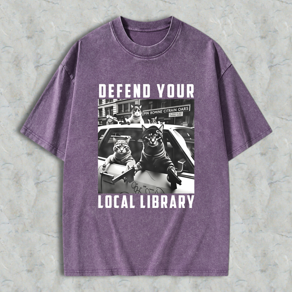 Wardrobecart Defend Your Local Library Cats With Guns Unisex Washed T-shirt