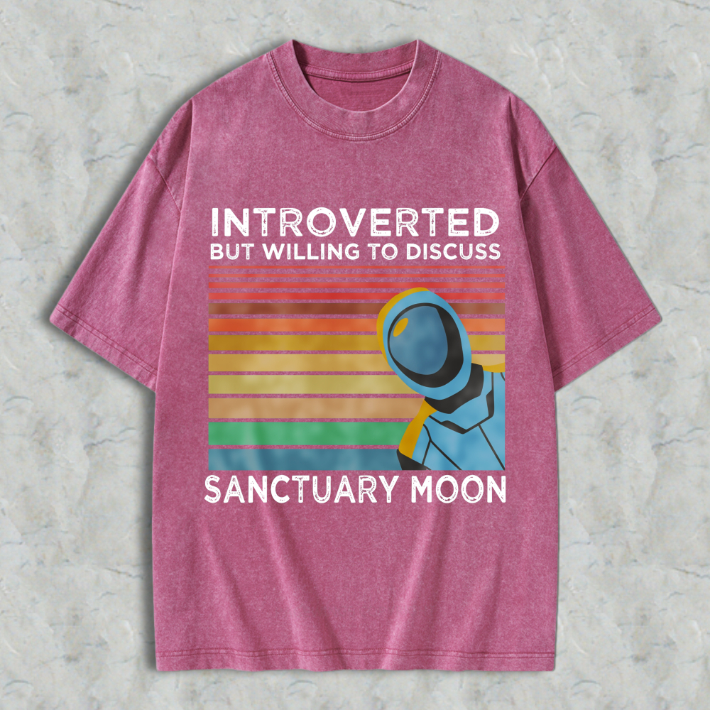 Wardrobecart Introverted But Willing To Discuss Sanctuary Moon Astronaut Vintage Rainbow Design Unisex Washed T-shirt