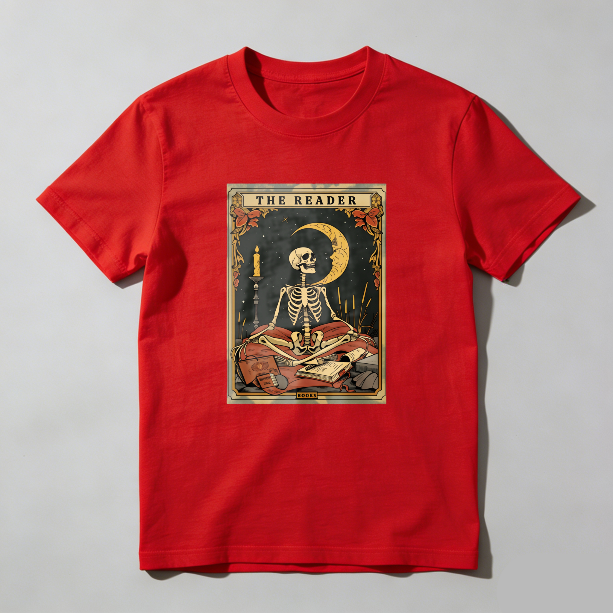 Wardrobecart The Reader Skeleton Tarot Card Design tshirt