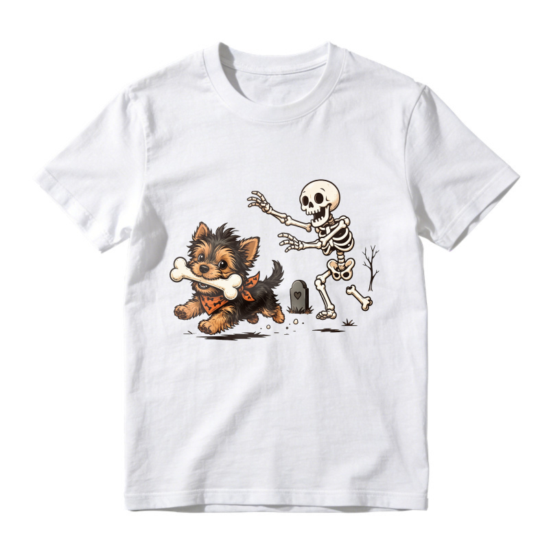 Cute Puppy Chasing Skeleton With Bone Halloween Cartoon Graphic, Unisex Classic T-shirt