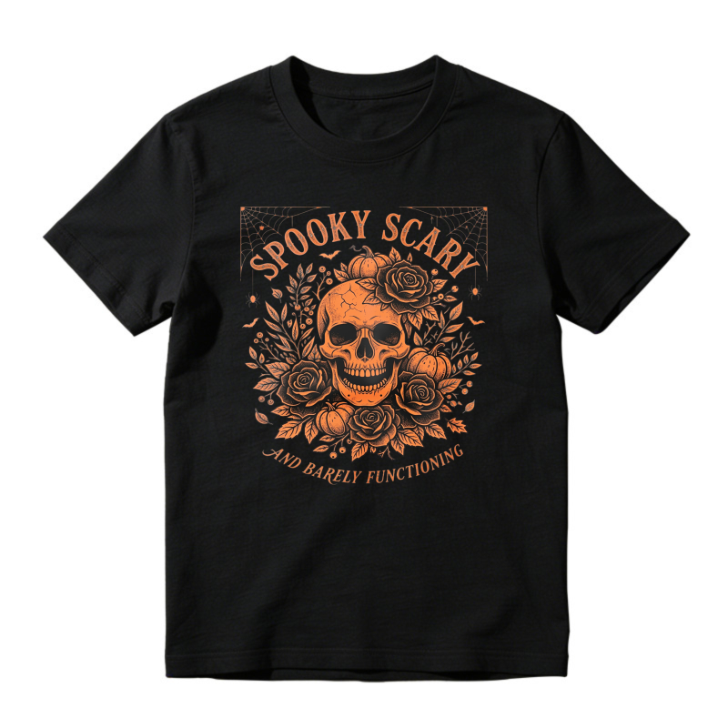 Spooky Scary Skull With Roses And Pumpkins Halloween Graphic, Unisex Classic T-shirt