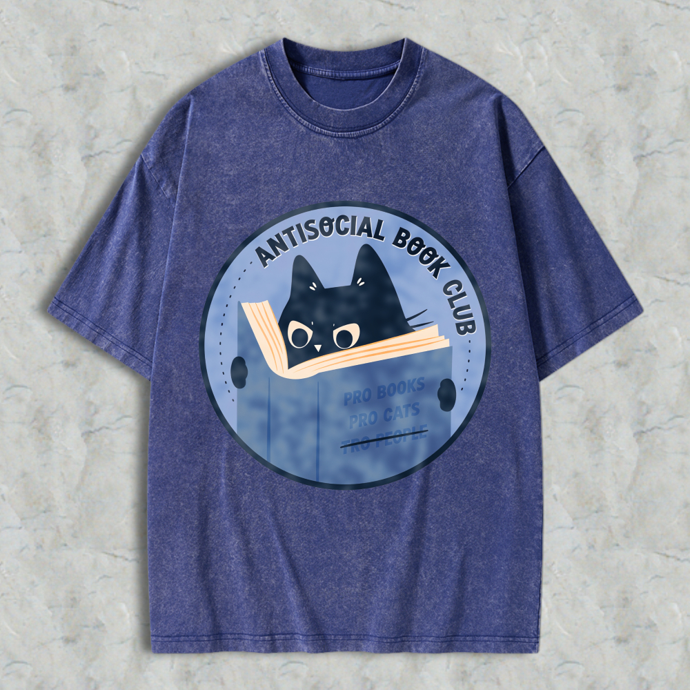 Wardrobecart Antisocial Book Club Cat Reading Book Design Unisex Washed T-shirt