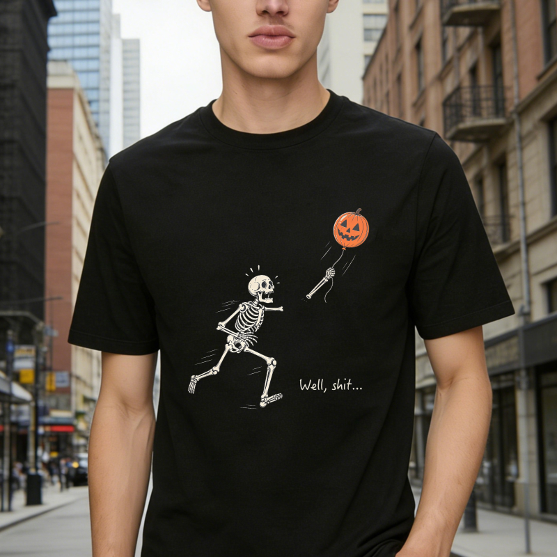 Skeleton Running From Pumpkin Balloon With Well Shit Text Unisex Classic T-shirt