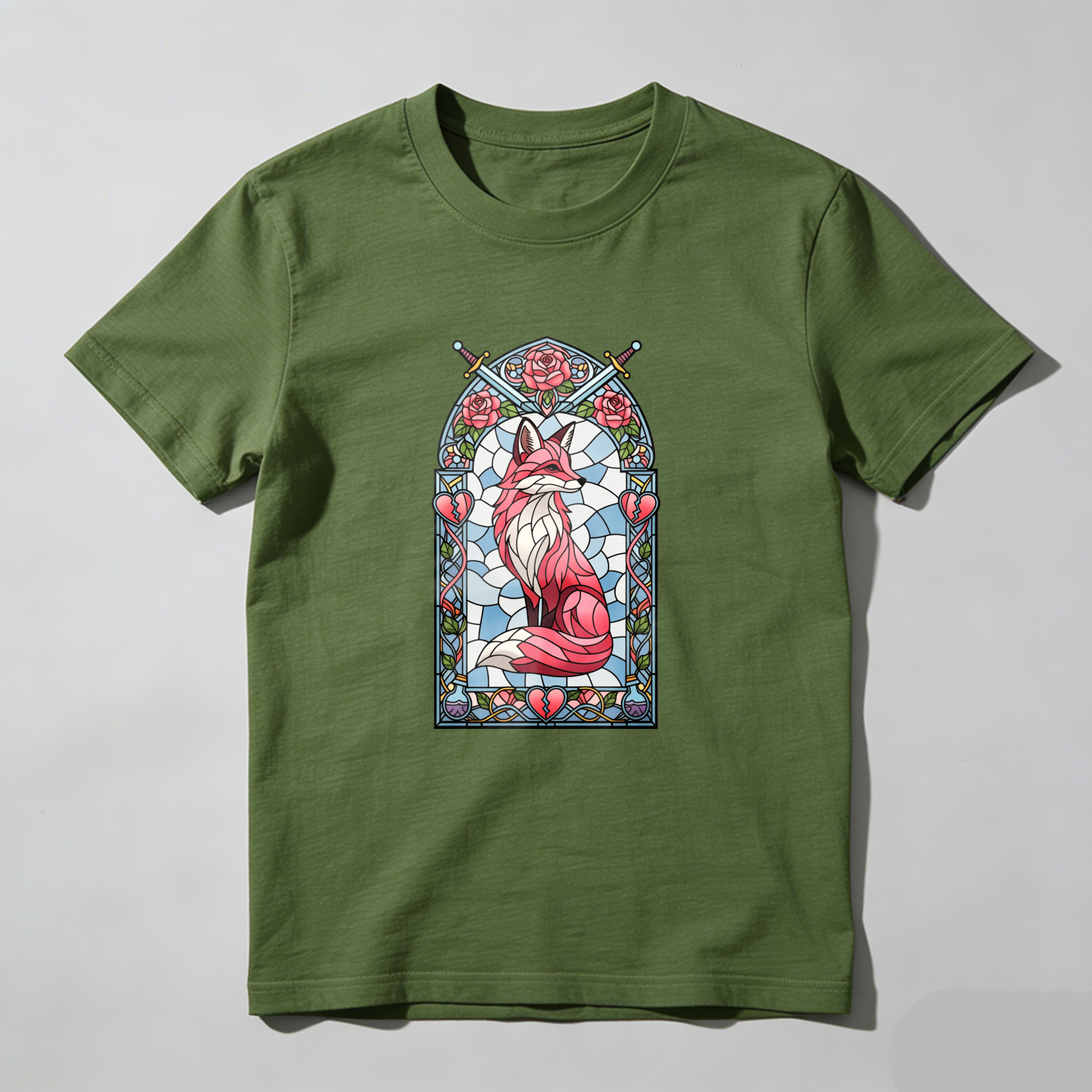 Wardrobecart Stained Glass Fox With Roses And Heart Tshirt