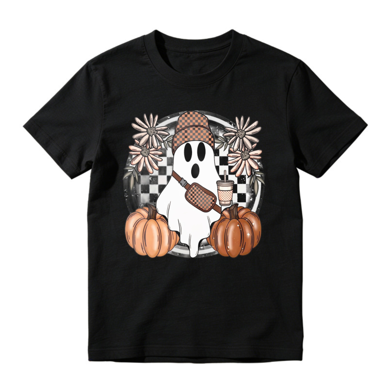 Cute Ghost With Pumpkin And Coffee Cup Floral Frame, Unisex Classic T-shirt