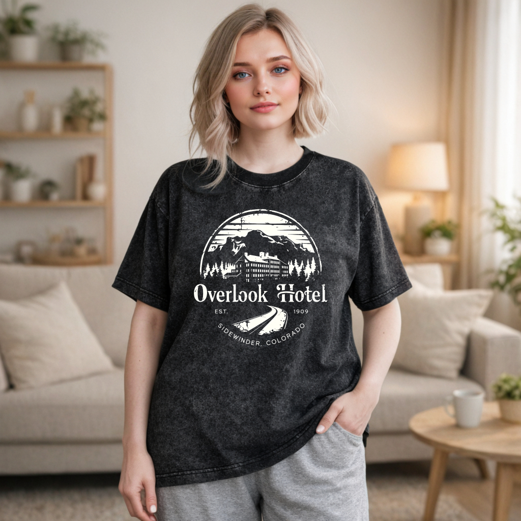 Wardrobecart Overlook Hotel Mountain Scene With Trees And Building Design Unisex Washed T-shirt