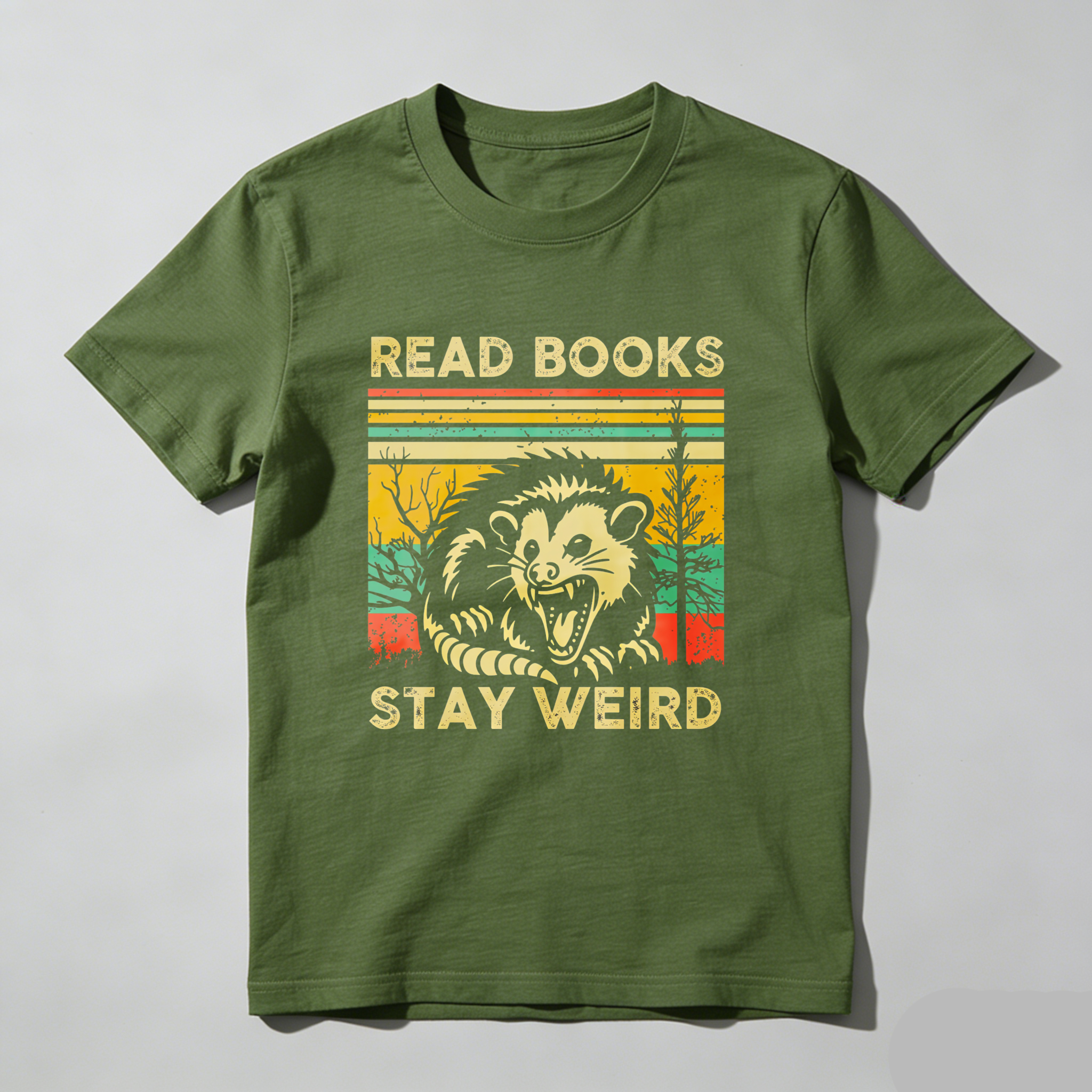 Wardrobecart Read Books Stay Weird Opossum Sunset Trees Tshirt
