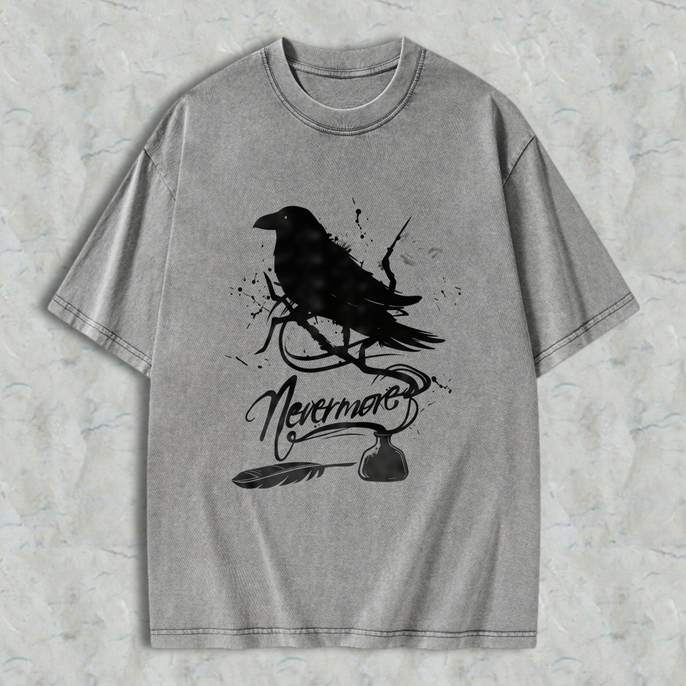 Wardrobecart Raven Nevermore Poem Bird Feather Inkwell Unisex Washed T-shirt