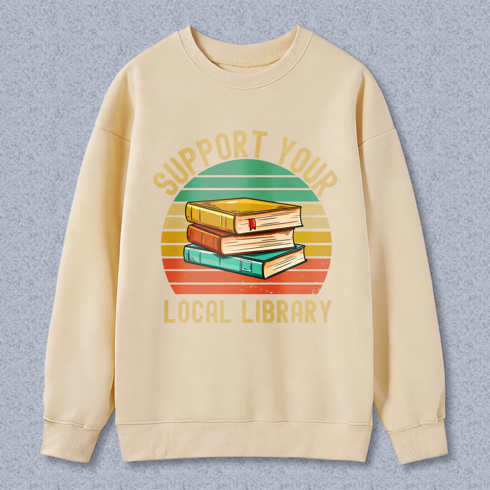 Wardrobecart Support Your Local Library Books Stack Vintage Sunburst Design Unisex Classic Sweatshirt