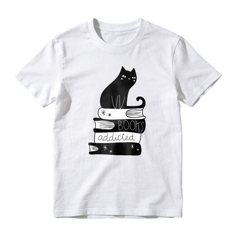 Cat Sitting On Stack Of Books With Books Addicted Text, Unisex Classic T-shirt