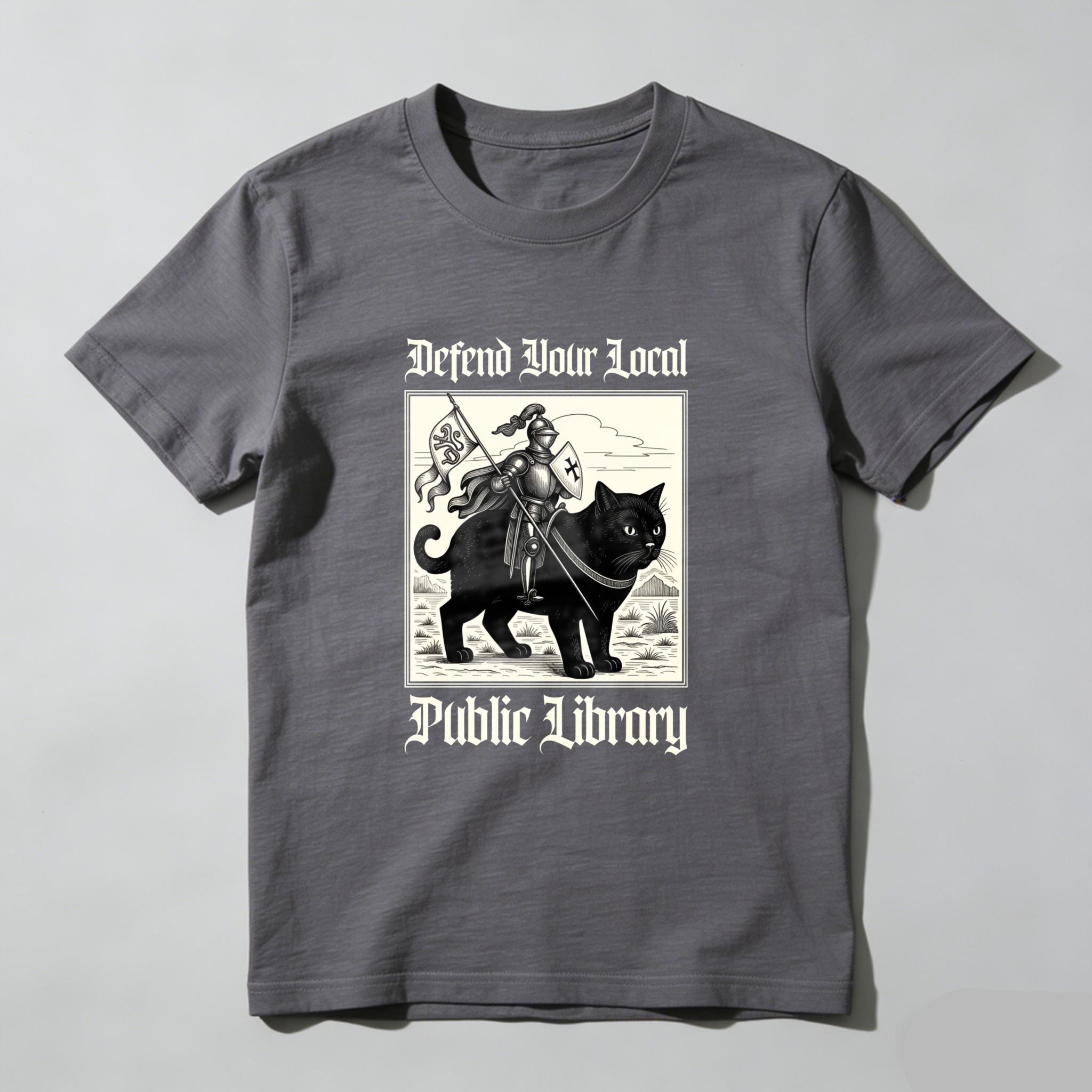 Wardrobecart Defend Your Local Public Library Cat Knight Tshirt