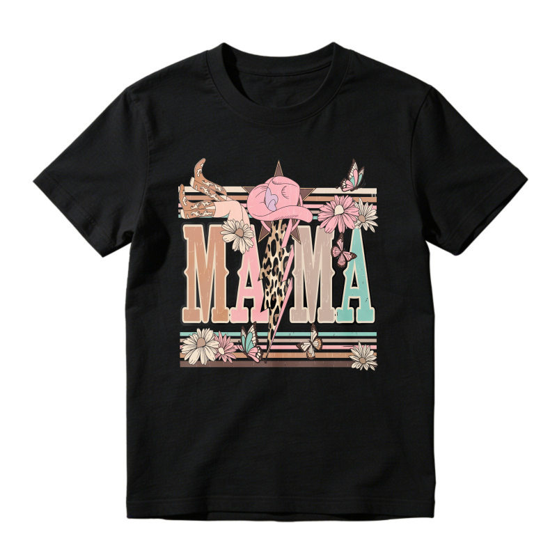 Mama Text With Pink Cowboy Hat, Leopard Print, Flowers And Butterflies, Retro Striped Background, Unisex Classic T-shirt