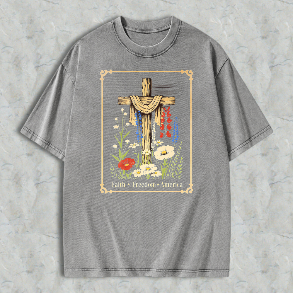 Cross With Flowers And Text Faith Freedom America Washed T-shirt