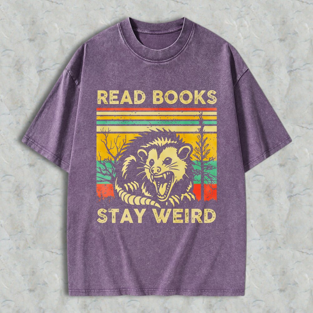 Wardrobecart Read Books Stay Weird Opossum Vintage Design Unisex Washed T-shirt
