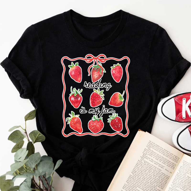 Wardrobecart Strawberries Framed With Reading Is My Jam Text Tshirt