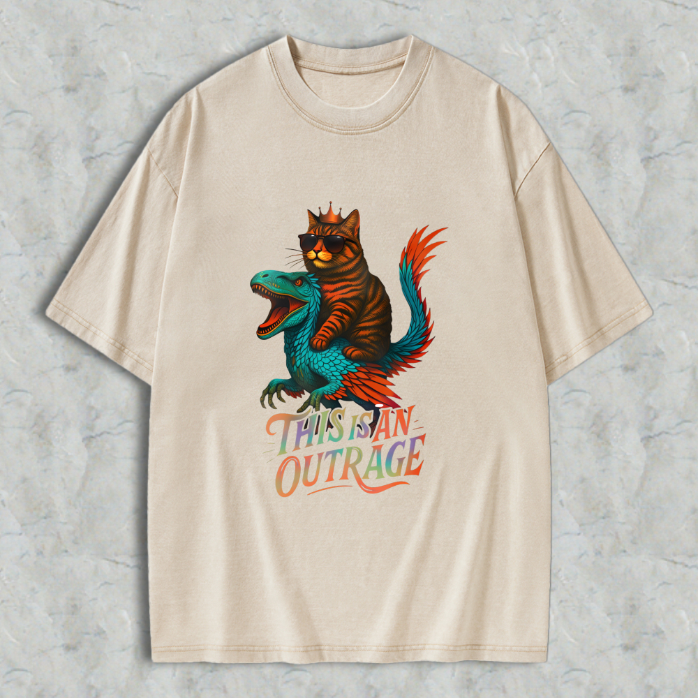 Wardrobecart Cat Riding Dragon This Is An Outrage Unisex Washed T-shirt