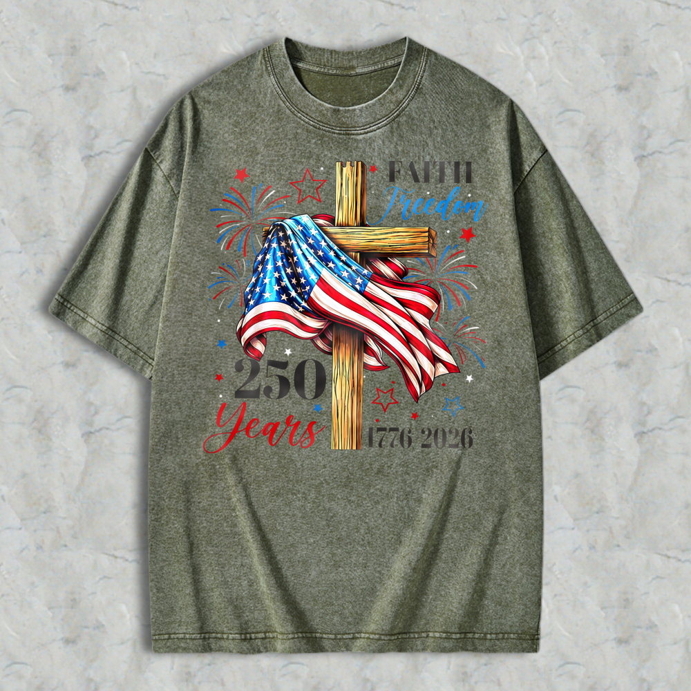 American Flag Cross Faith Freedom 250 Years 1776 2026 Washed T-shirt