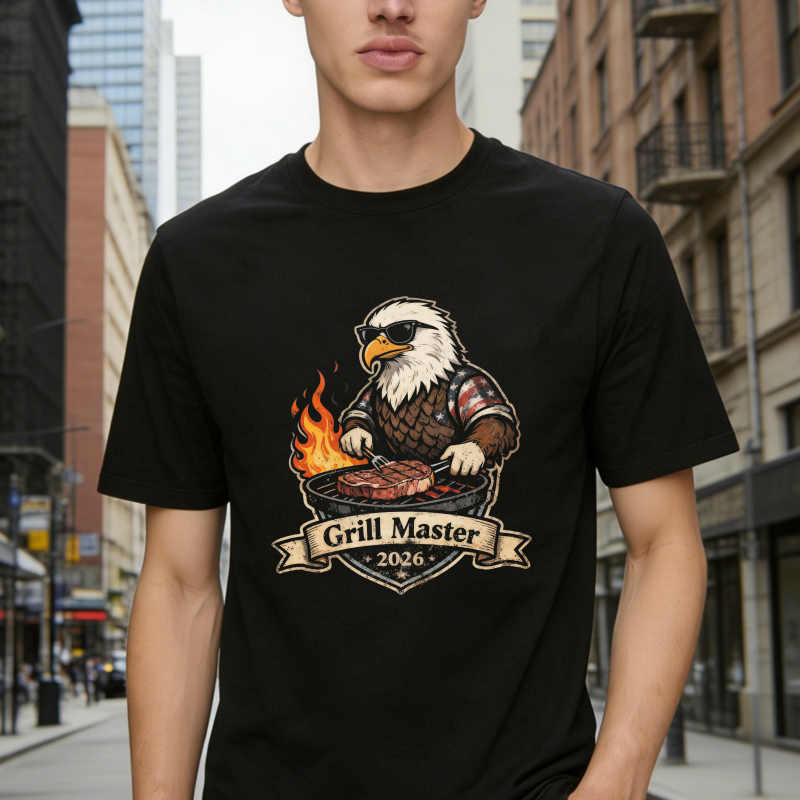 Cool Eagle Wearing Sunglasses Grilling Steak With Flames And Grill Master 2026 Banner Unisex Classic T Shirt