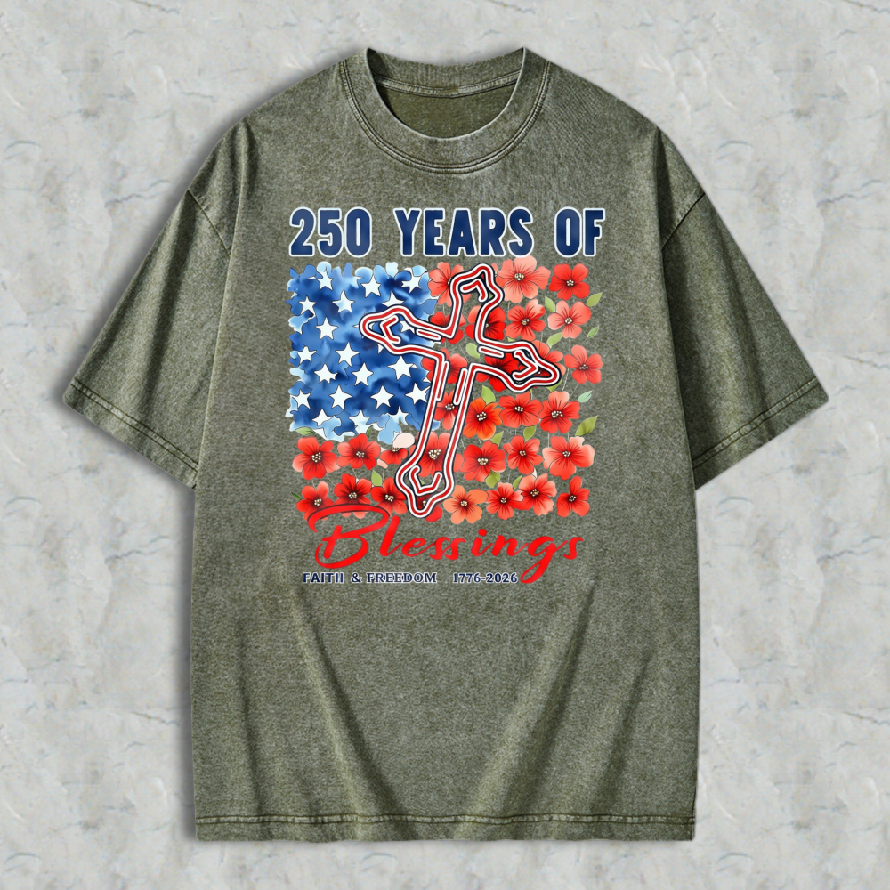 250 Years Of Blessings American Flag Cross And Flowers Washed T-shirt