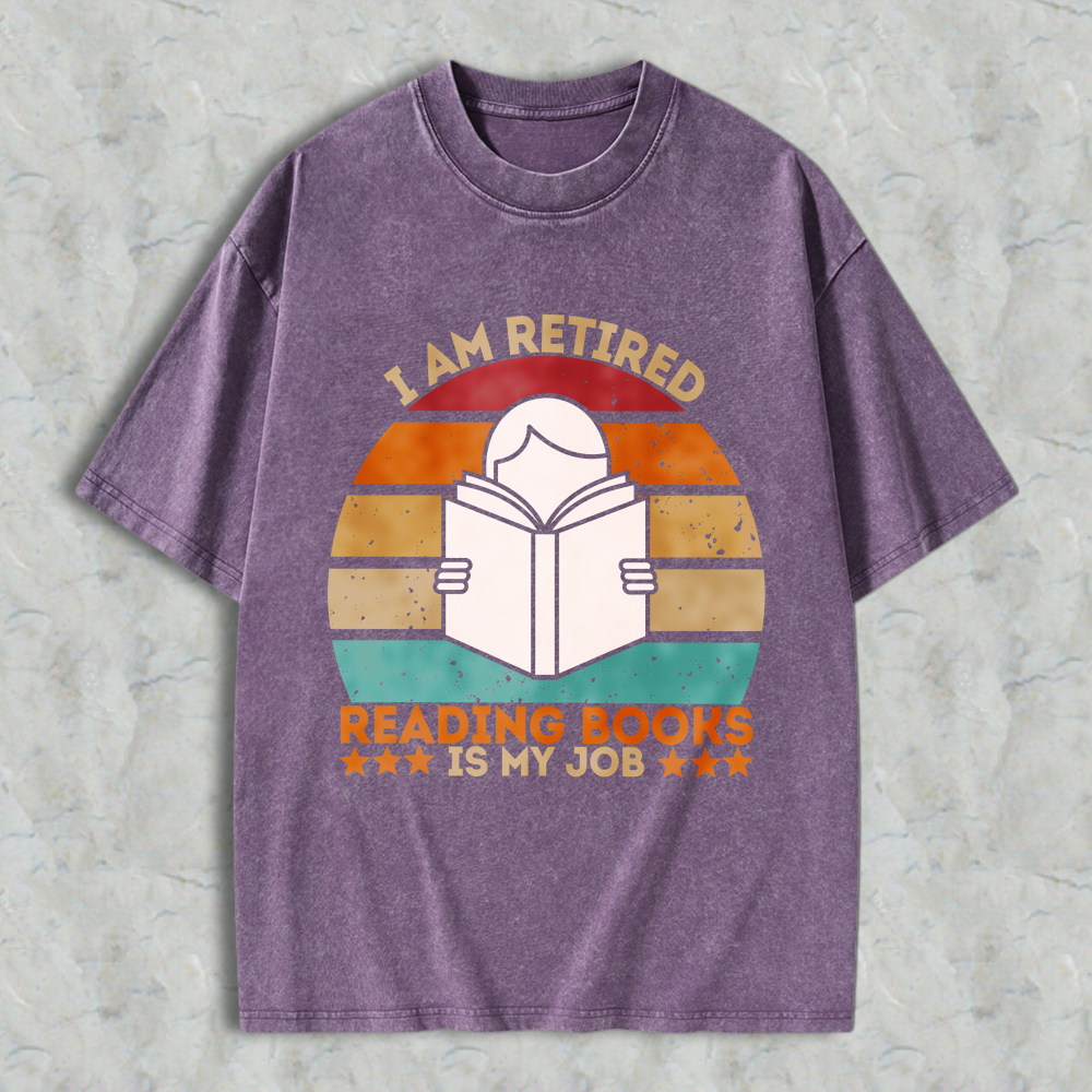Wardrobecart I Am Retired Reading Books Is My Job Vintage Sunburst Design Unisex Washed T-shirt