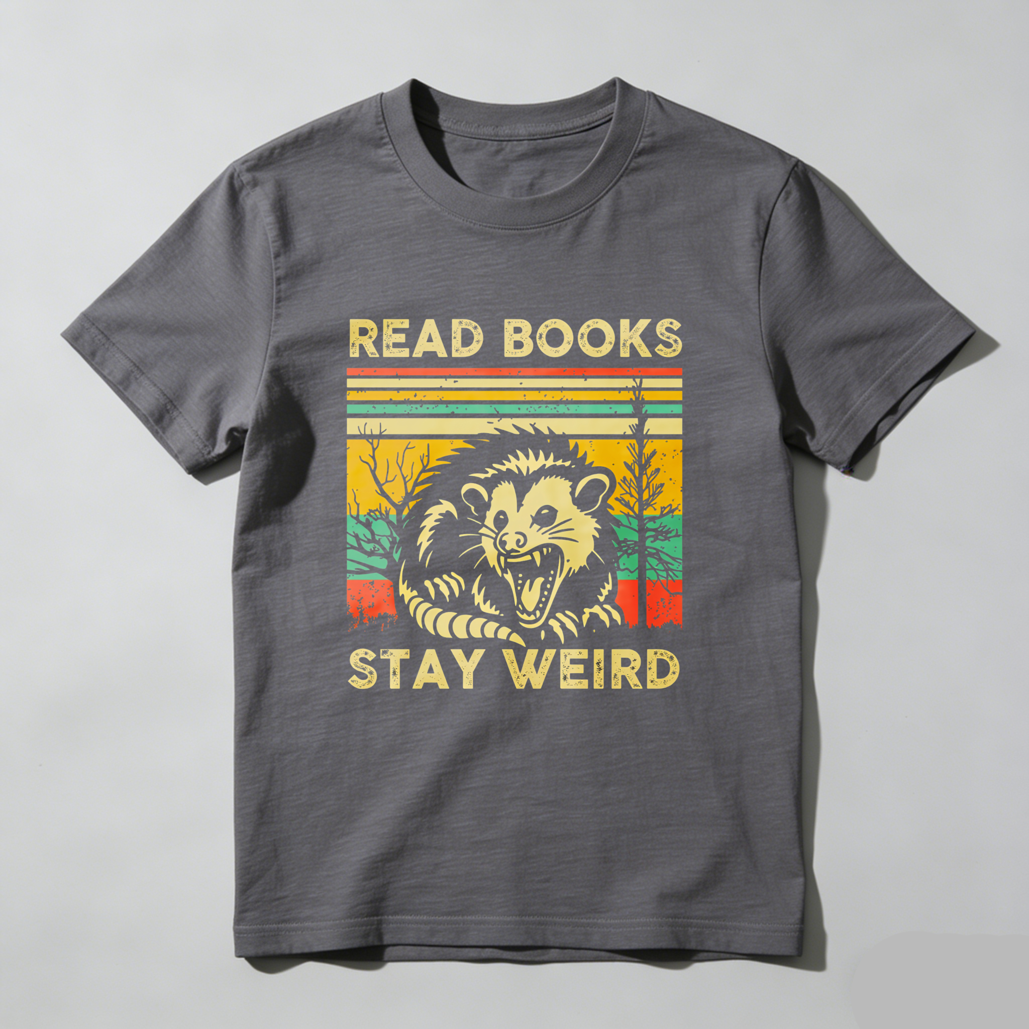Wardrobecart Read Books Stay Weird Opossum Sunset Trees Tshirt