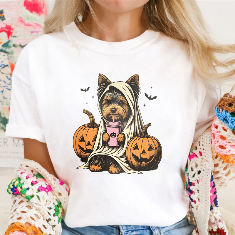 Cute Yorkshire Terrier Dog In Ghost Costume With Pumpkins And Coffee Cup Halloween Design, Unisex Classic T-shirt