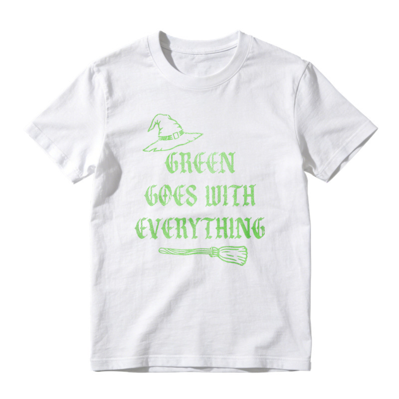 Green Goes With Everything Witch Hat And Broomstick Halloween Graphic T-shirt