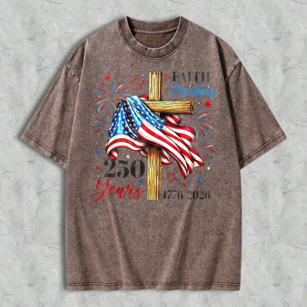 American Flag Cross Faith Freedom 250 Years 1776 2026 Washed T-shirt