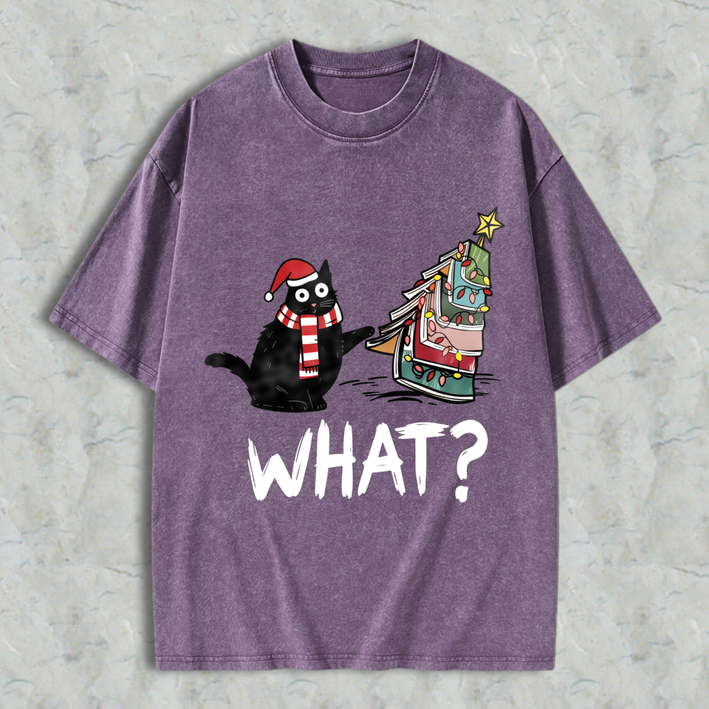 Wardrobecart Cartoon Cat Wearing Santa Hat And Scarf Standing Next To A Christmas Tree With A Star On Top What Question Mark Unisex Washed T-shirt