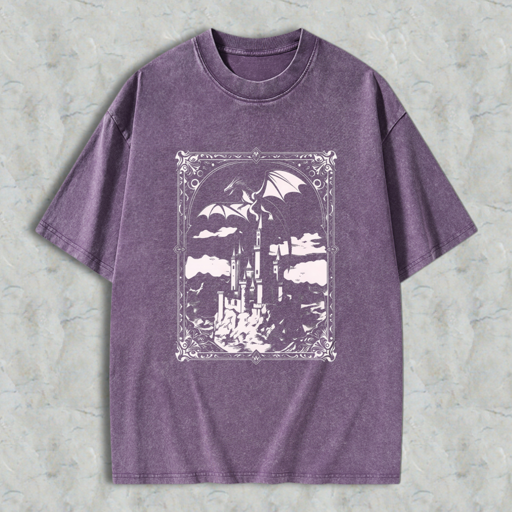 Wardrobecart Fantasy Castle Dragon Sky Scene Unisex Washed T-shirt